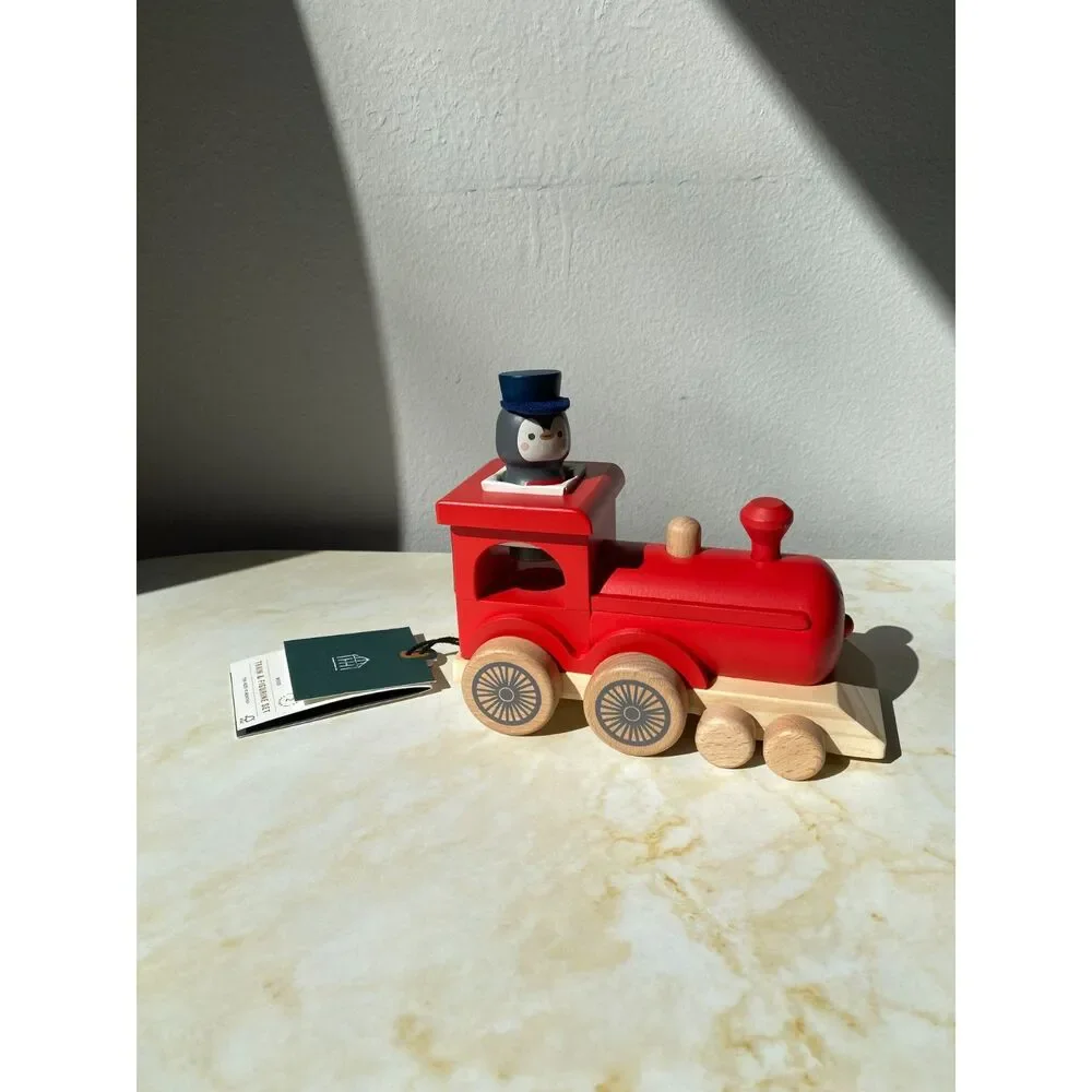 NWT Red Wooden Train And Penguin Conductor Hearth and Hand with Magnolia NWT